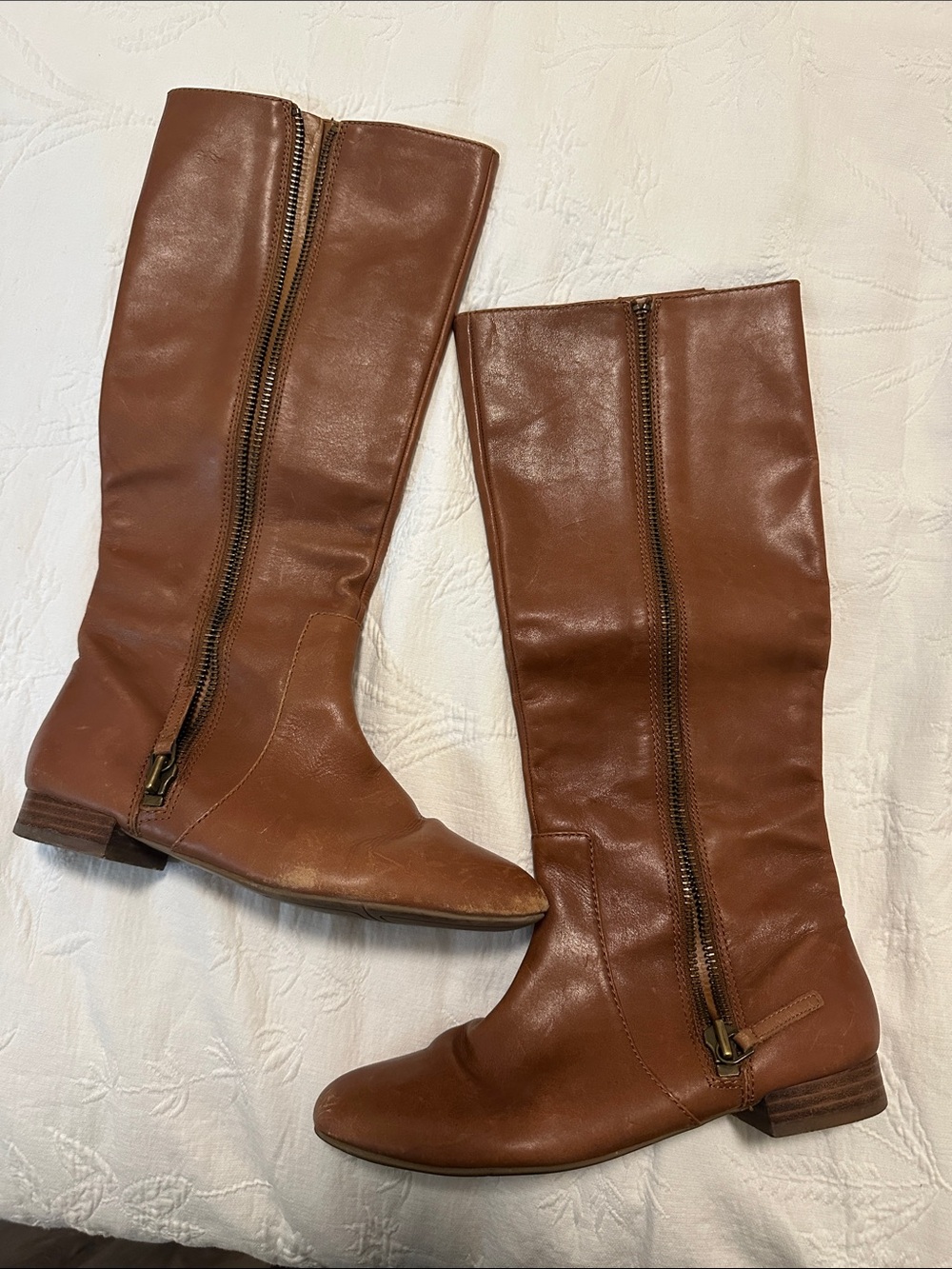 Nine West Cognac Brown Leather Knee Boots with Side Zip